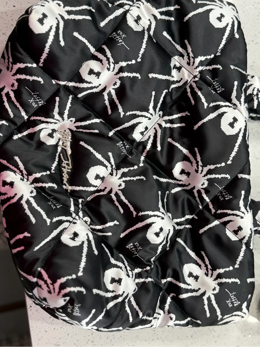 Betsey Johnson Quilted Black Tote Bag with White Spider Print